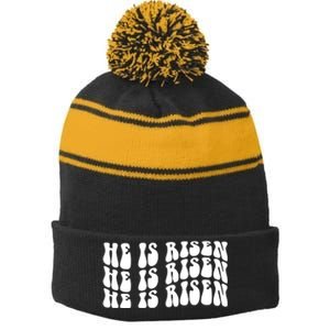 He Is Risen Jesus Retro Groovy Easter Stripe Pom Pom Beanie