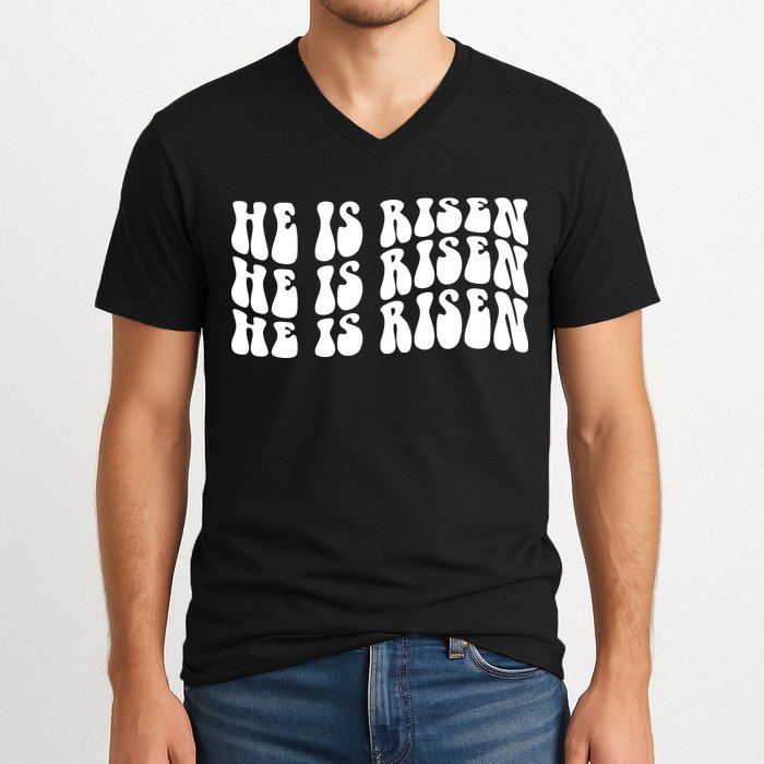 He Is Risen Jesus Retro Groovy Easter V-Neck T-Shirt