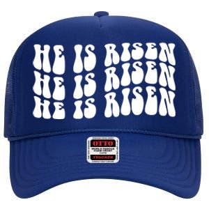 He Is Risen Jesus Retro Groovy Easter High Crown Mesh Back Trucker Hat