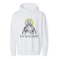 He Is Rizzin Funny Christian Religious Easter Sunday Garment-Dyed Fleece Hoodie