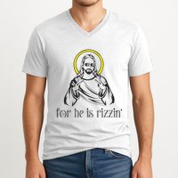 He Is Rizzin Funny Christian Religious Easter Sunday V-Neck T-Shirt
