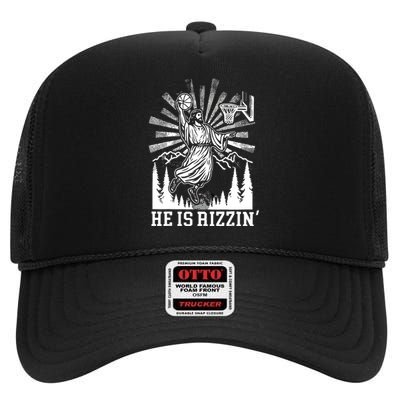 He Is Rizzin Funny Jesus Basketball Christian Religious High Crown Mesh Back Trucker Hat