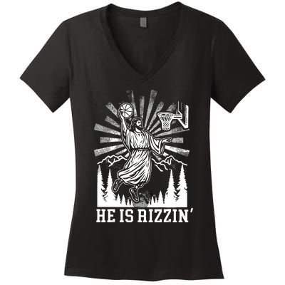 He Is Rizzin Funny Jesus Basketball Christian Religious Women's V-Neck T-Shirt