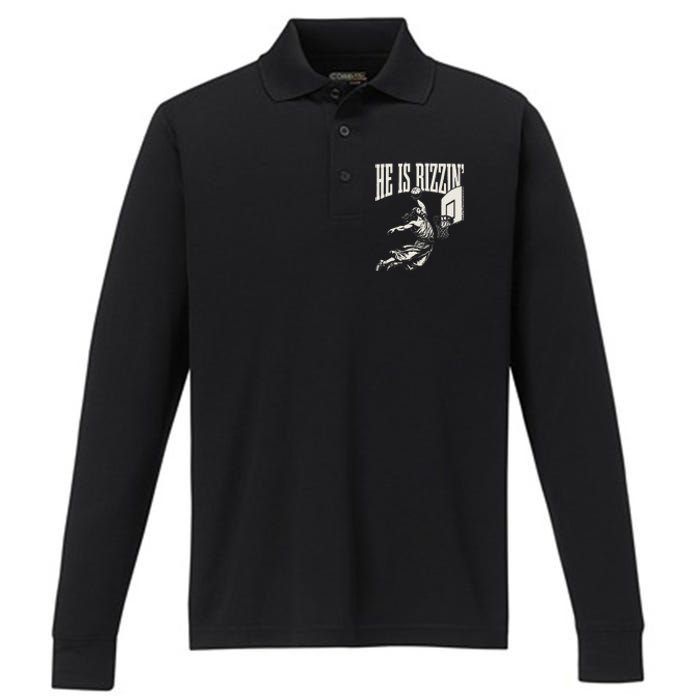 He Is Rizzin Jesus Playing Basketball Performance Long Sleeve Polo