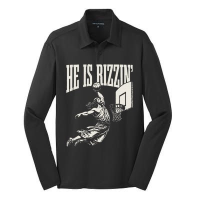 He Is Rizzin Jesus Playing Basketball Silk Touch Performance Long Sleeve Polo