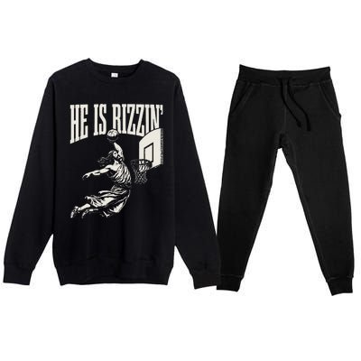 He Is Rizzin Jesus Playing Basketball Premium Crewneck Sweatsuit Set