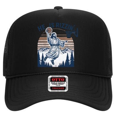 He Is Rizzin Basketball Jesus High Crown Mesh Back Trucker Hat