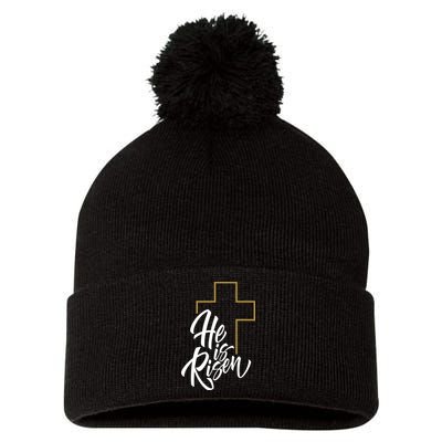 He Is Risen Easter Cross Christian Pom Pom 12in Knit Beanie