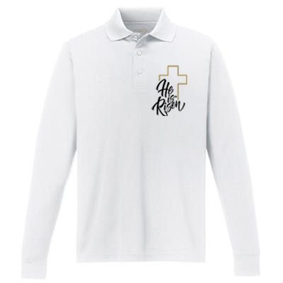 He Is Risen Easter Cross Christian Performance Long Sleeve Polo