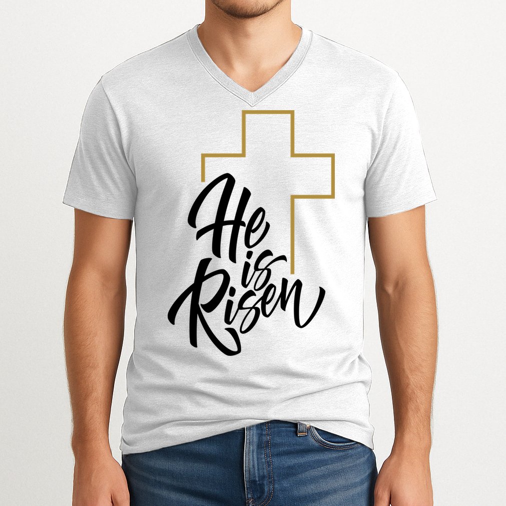 He Is Risen Easter Cross Christian V-Neck T-Shirt
