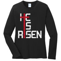 He Is Risen Cross Jesus Easter Christian Religious Ladies Long Sleeve Shirt