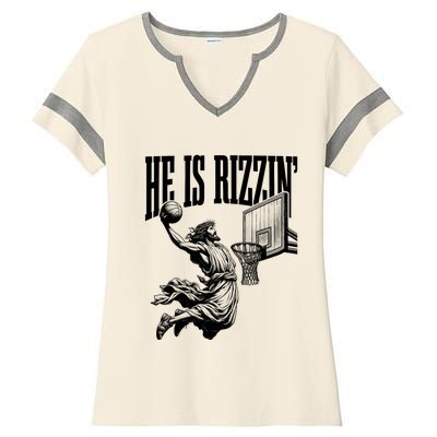 He Is Rizzin Funny Jesus Basketball Easter Meme Ladies Halftime Notch Neck Tee