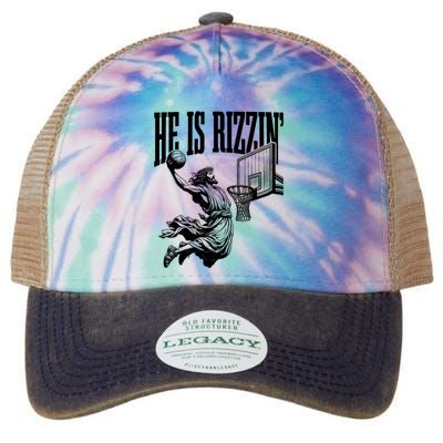 He Is Rizzin Funny Jesus Basketball Easter Meme Legacy Tie Dye Trucker Hat