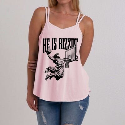 He Is Rizzin Funny Jesus Basketball Easter Meme Women's Strappy Tank