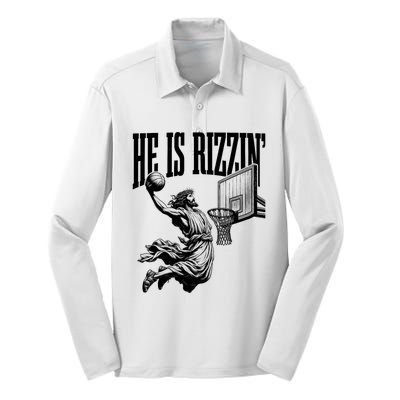 He Is Rizzin Funny Jesus Basketball Easter Meme Silk Touch Performance Long Sleeve Polo