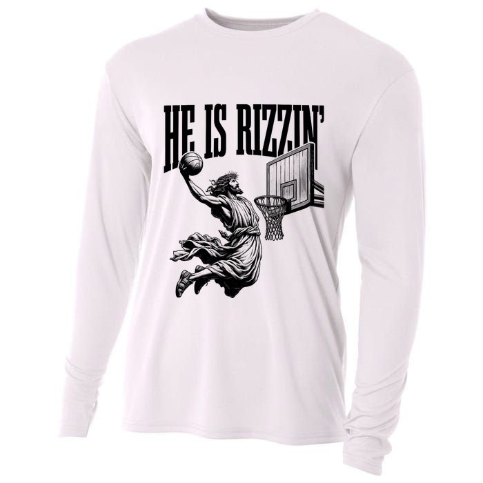 He Is Rizzin Funny Jesus Basketball Easter Meme Cooling Performance Long Sleeve Crew