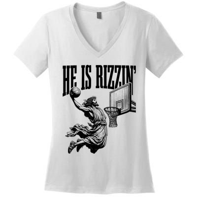 He Is Rizzin Funny Jesus Basketball Easter Meme Women's V-Neck T-Shirt