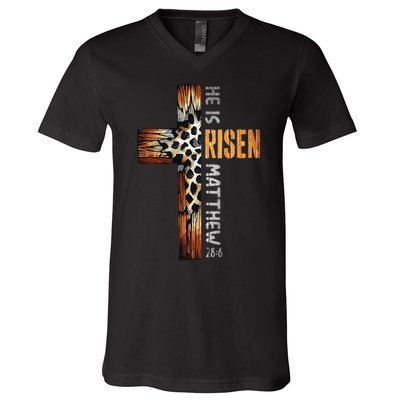 He Is Risen Cross Jesus Religious Christian Faith Easter V-Neck T-Shirt