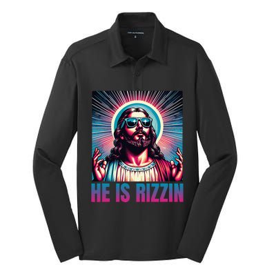 He Is Rizzin Jesus Is Rizzen Christan Silk Touch Performance Long Sleeve Polo