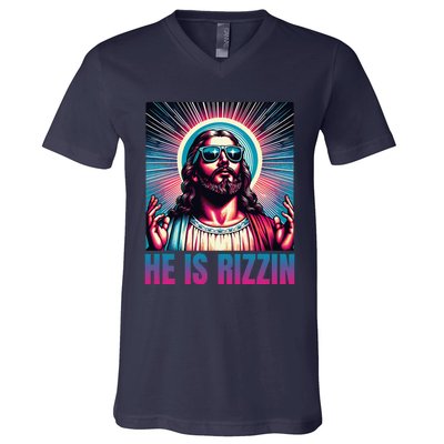 He Is Rizzin Jesus Is Rizzen Christan V-Neck T-Shirt