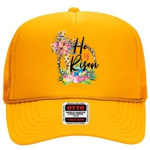 He Is Risen Cross Jesus Easter Christians Leopard Women High Crown Mesh Back Trucker Hat