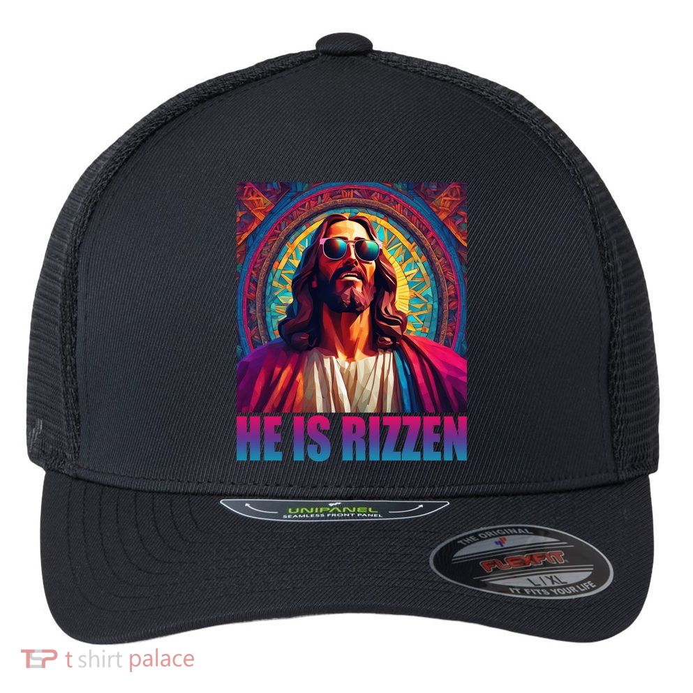 He Is Rizzen Jesus Portrait Risen Flexfit Unipanel Trucker Cap