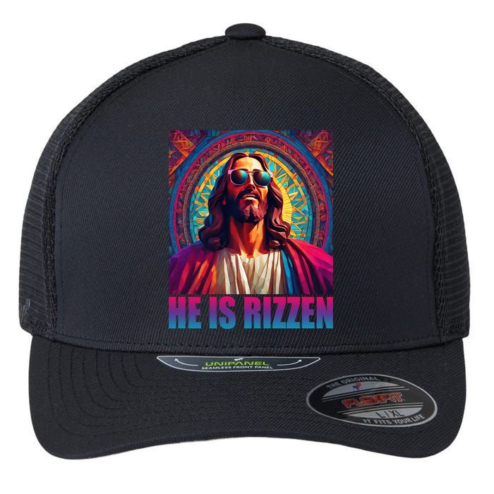 He Is Rizzen Jesus Portrait Risen Flexfit Unipanel Trucker Cap