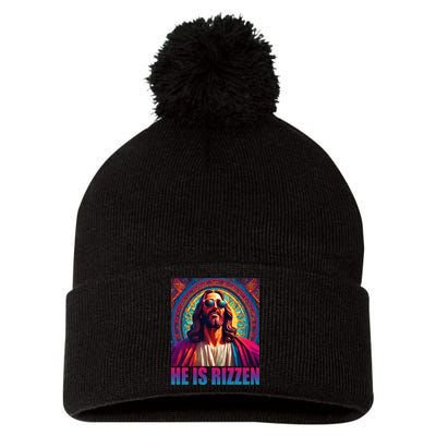 He Is Rizzen Jesus Portrait Risen Pom Pom 12in Knit Beanie