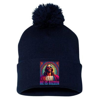 He Is Rizzen Jesus Portrait Risen Pom Pom 12in Knit Beanie