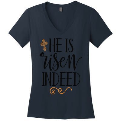 He Is Risen Indeed Easter Christian Cross Jesus Religious Women's V-Neck T-Shirt