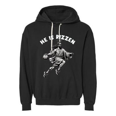 He Is Rizzen Jesus Playing Basketball Funny Easter Day Garment-Dyed Fleece Hoodie