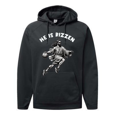 He Is Rizzen Jesus Playing Basketball Funny Easter Day Performance Fleece Hoodie