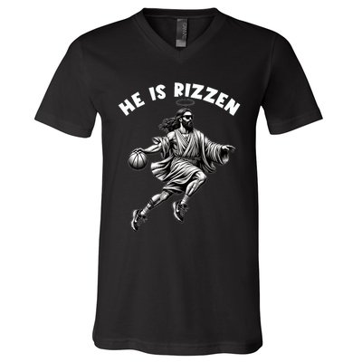 He Is Rizzen Jesus Playing Basketball Funny Easter Day V-Neck T-Shirt