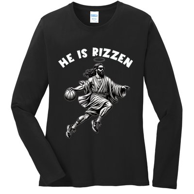 He Is Rizzen Jesus Playing Basketball Funny Easter Day Ladies Long Sleeve Shirt