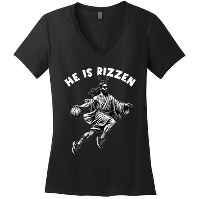 He Is Rizzen Jesus Playing Basketball Funny Easter Day Women's V-Neck T-Shirt