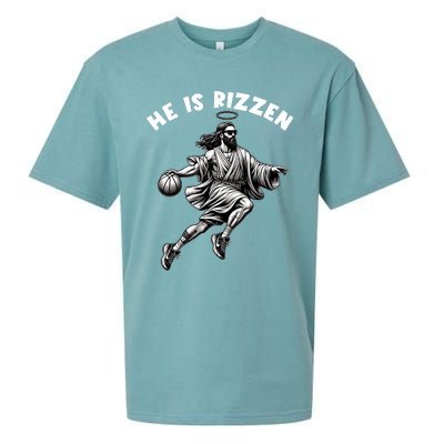 He Is Rizzen Jesus Playing Basketball Funny Easter Day Sueded Cloud Jersey T-Shirt