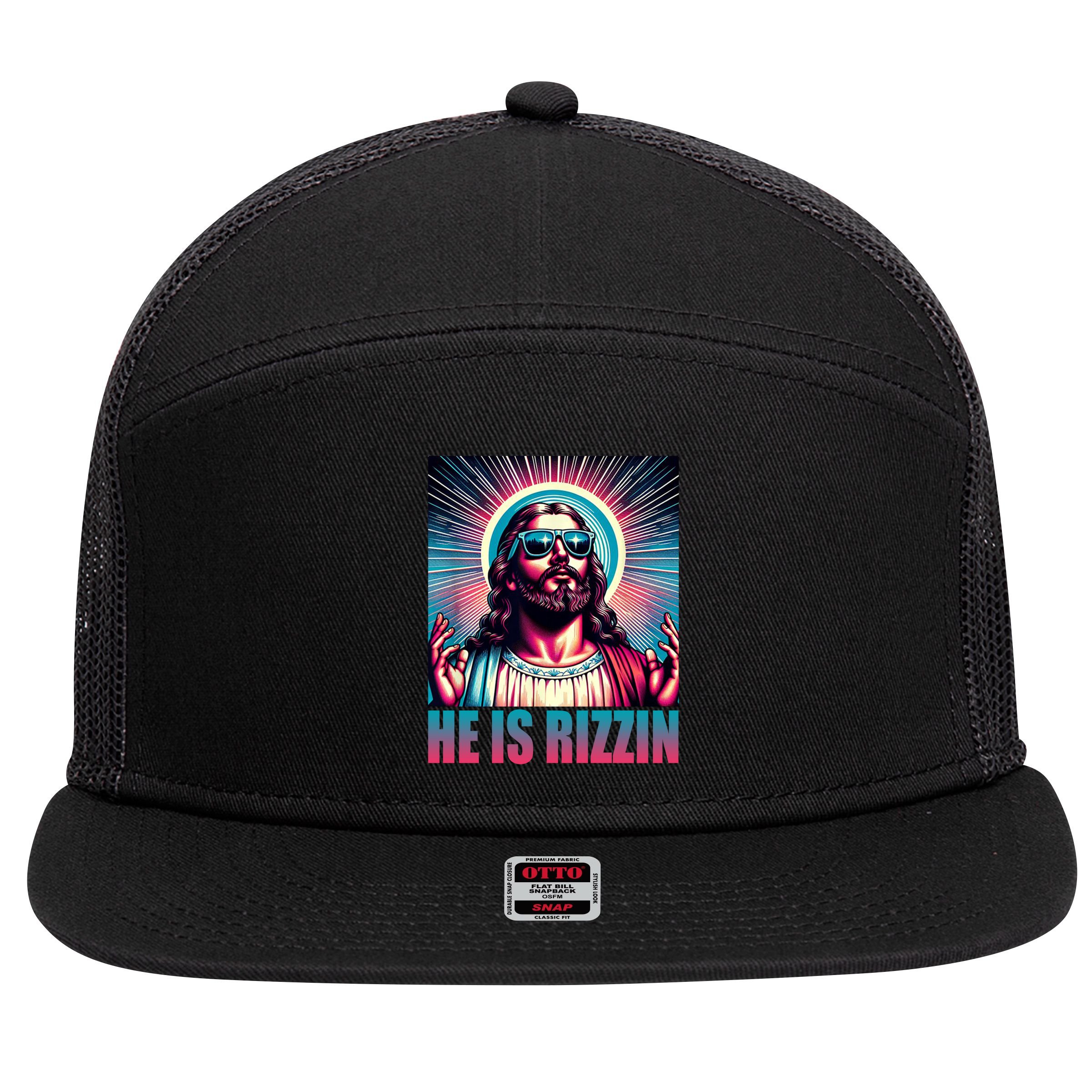 He Is Rizzin Jesus Christ 7 Panel Mesh Trucker Snapback Hat