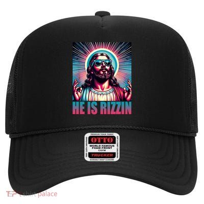 He Is Rizzin Jesus Christ High Crown Mesh Back Trucker Hat