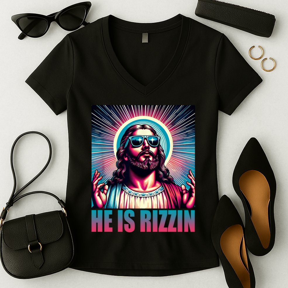 He Is Rizzin Jesus Christ Women's V-Neck T-Shirt