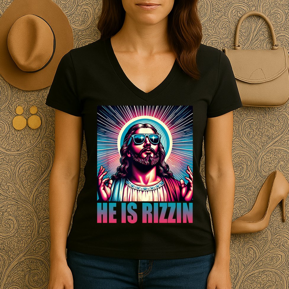He Is Rizzin Jesus Christ Women's V-Neck T-Shirt