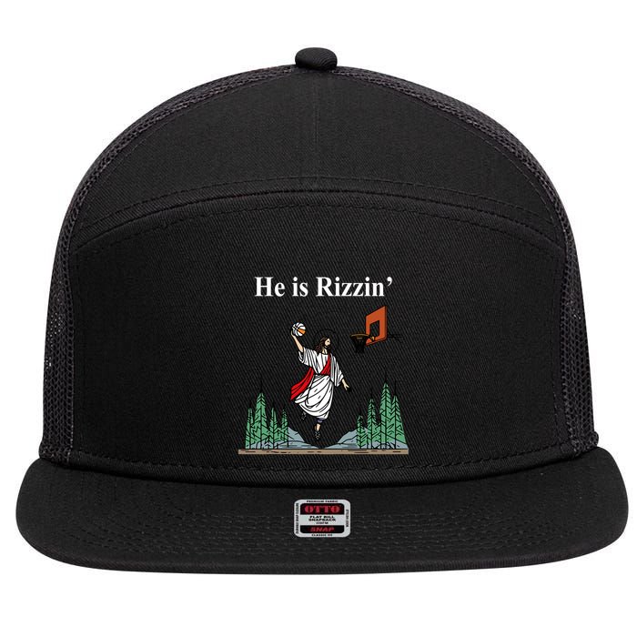 He Is Rizzin Funny Jesus Playing Basketball Meme 7 Panel Mesh Trucker Snapback Hat