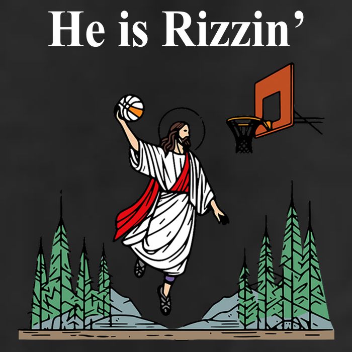 He Is Rizzin Funny Jesus Playing Basketball Meme 7 Panel Mesh Trucker Snapback Hat
