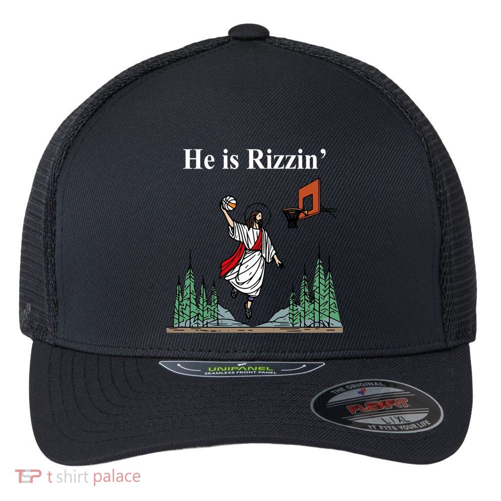 He Is Rizzin Funny Jesus Playing Basketball Meme Flexfit Unipanel Trucker Cap