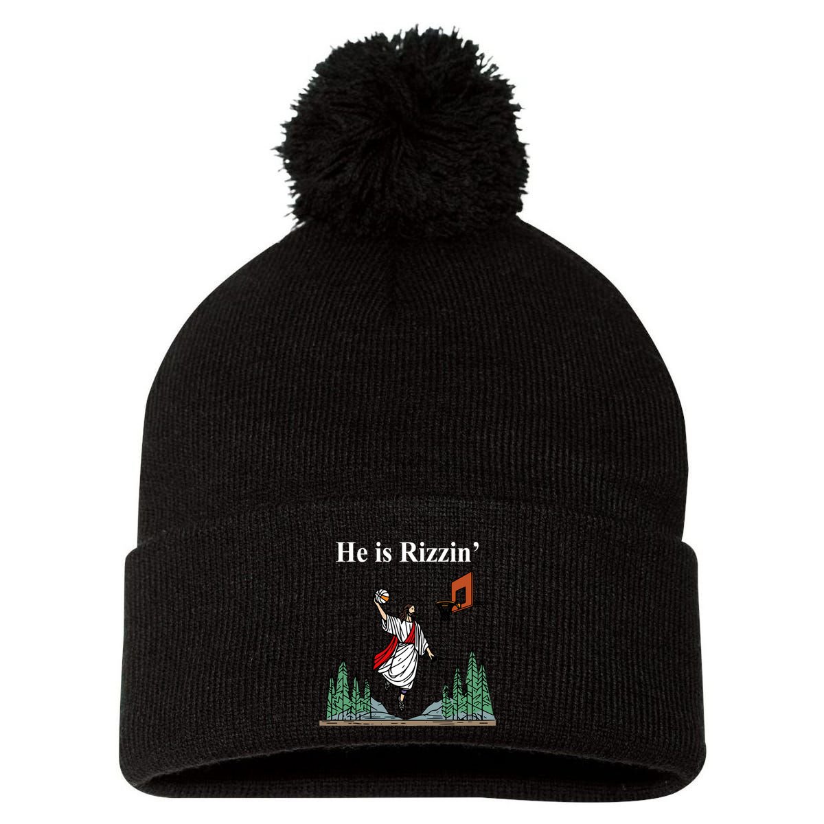 He Is Rizzin Funny Jesus Playing Basketball Meme Pom Pom 12in Knit Beanie