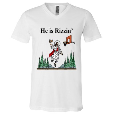 He Is Rizzin Funny Jesus Playing Basketball Meme V-Neck T-Shirt