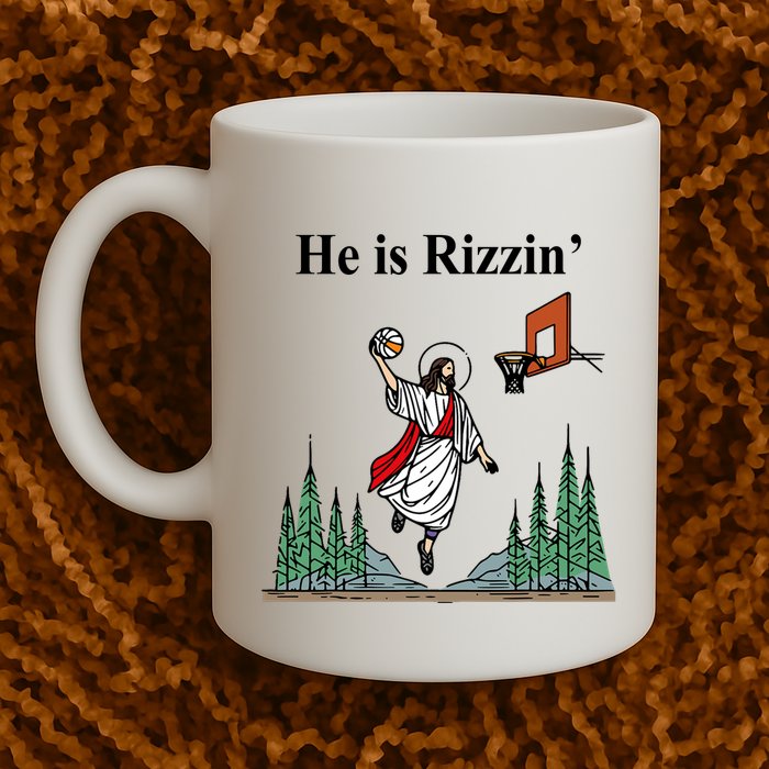 He Is Rizzin Funny Jesus Playing Basketball Meme Mug