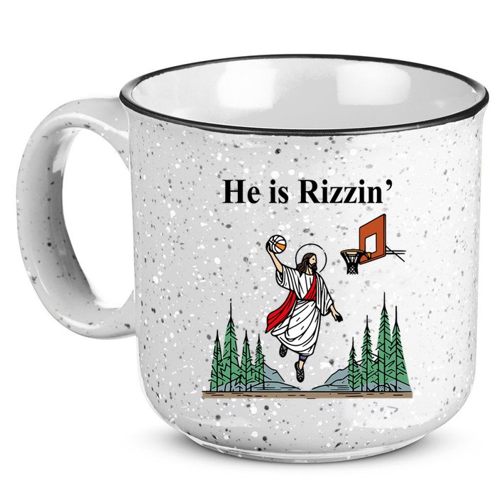 He Is Rizzin Funny Jesus Playing Basketball Meme 15oz Campfire Ceramic Mug