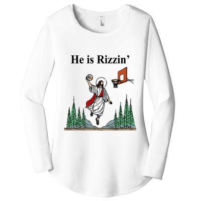 He Is Rizzin Funny Jesus Playing Basketball Meme Women's Perfect Tri Tunic Long Sleeve Shirt