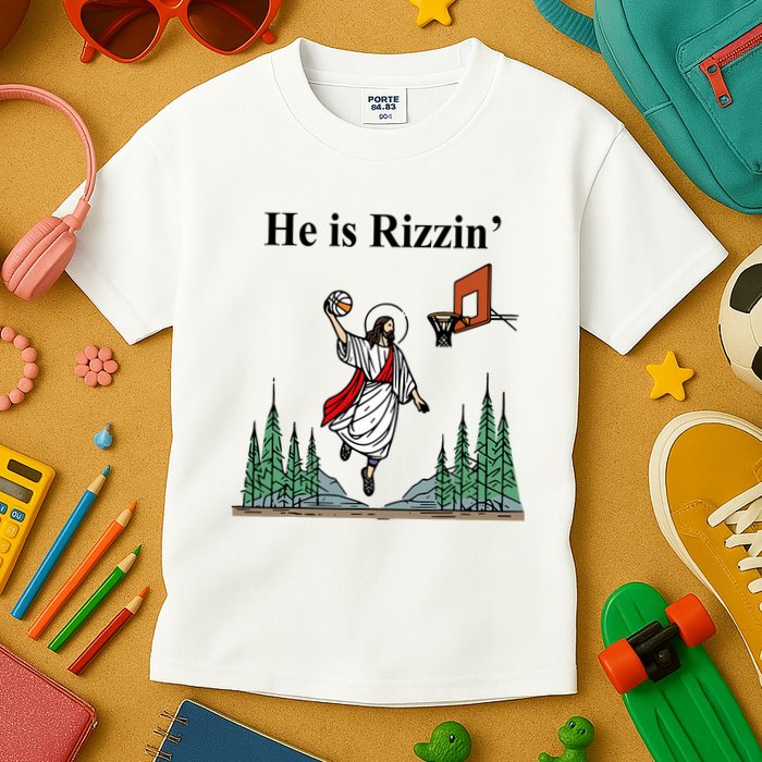 He Is Rizzin Funny Jesus Playing Basketball Meme Kids T-Shirt