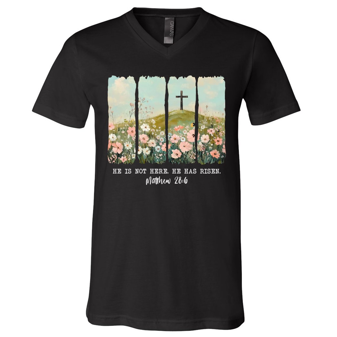 He Is Risen Christian Wildflower Happy Easter V-Neck T-Shirt